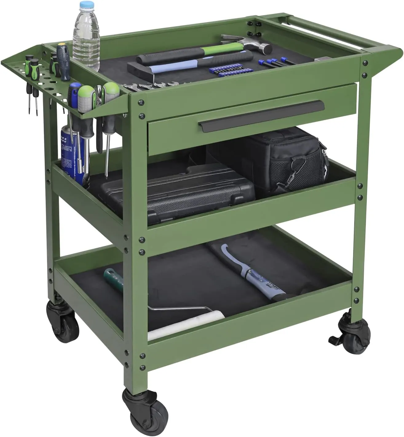 GSTANDARD APTB311G Torin 3 Layers Utility Cart: Rolling Tool Cart with Lockable Wheels and Multifunction Service Cart for Home, Garage, Kitchen, Office or Cafe, Green