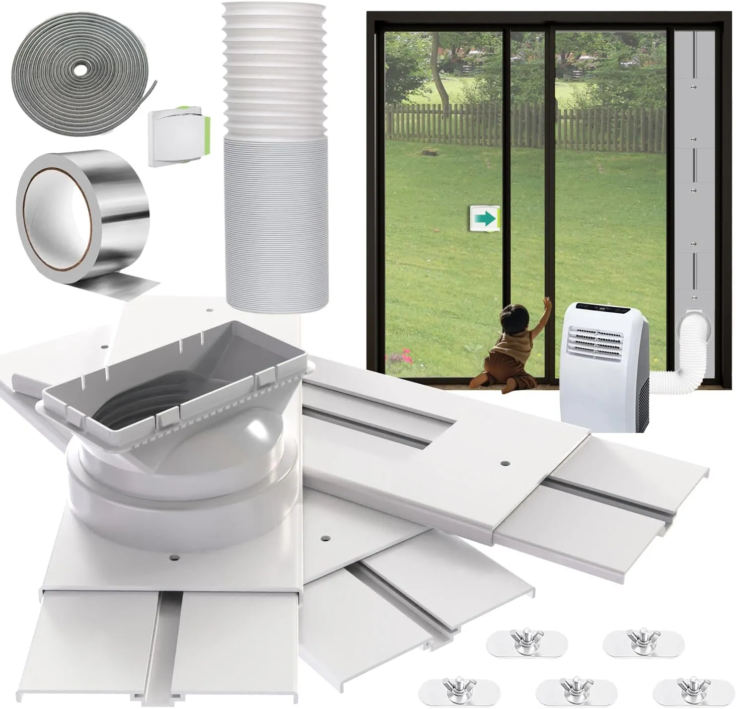 Gulrear 95" Sliding Door AC Vent Kit with Φ 5.9"AC Hose Security Lock & Weather Stripping Universal 5.0/5.9 Inch Coupler for Window/Sliding Glass Door Portable AC Energy Saving Airtight Seal Pancel