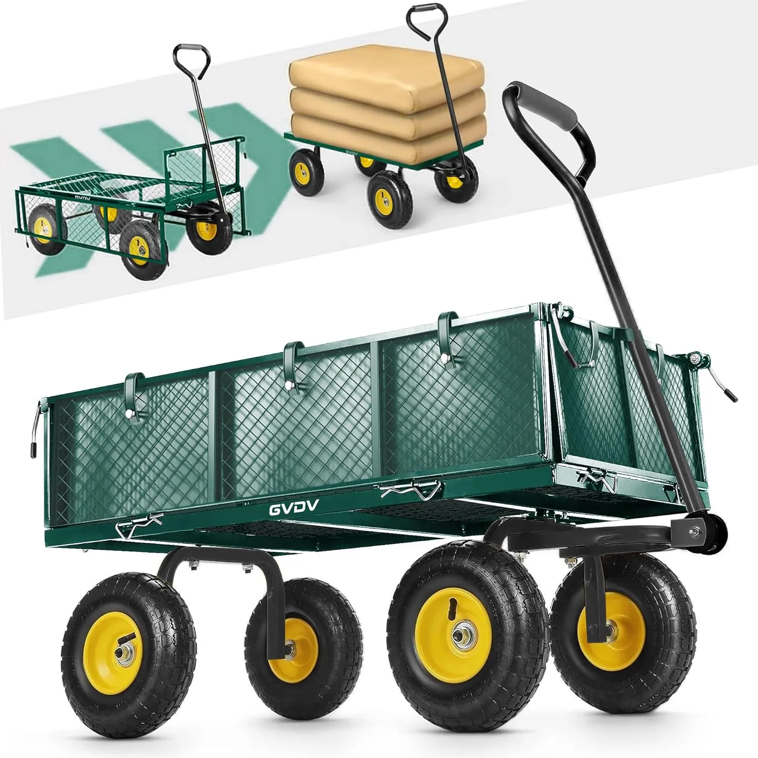 GVDV Max 880LB Garden Cart with Liner, Heavy Duty Steel Garden Wagon, Folding Utility Wagon with Removable Sides and 10" All-Terrain Wheels, Green