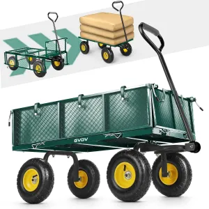 GVDV Max 880LB Garden Cart with Liner, Heavy Duty Steel Garden Wagon, Folding Utility Wagon with Removable Sides and 10" All-Terrain Wheels, Green