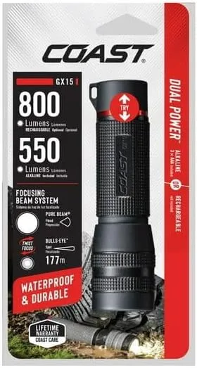 GX15 IP67 Waterproof Flashlight, 5 Oz, Alkaline Dual Power - Options to Stay Ready
