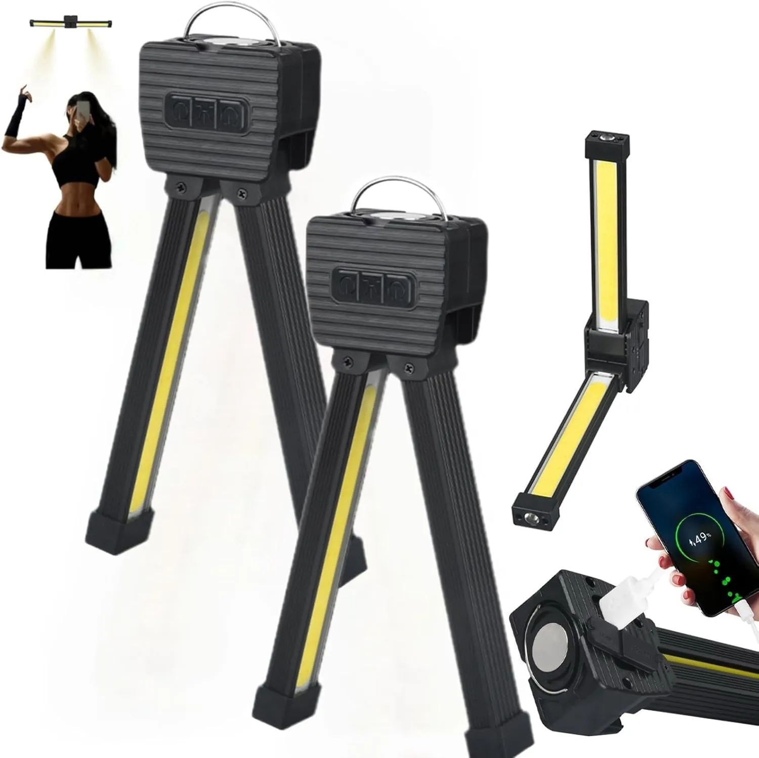 Gym Lamp for Posing, Magnetic Work Light with Hook, 180 Degree Folding Worklight, Multifunctional Camping Lighting Flashlight Auto Repair Work Light (Black*2)