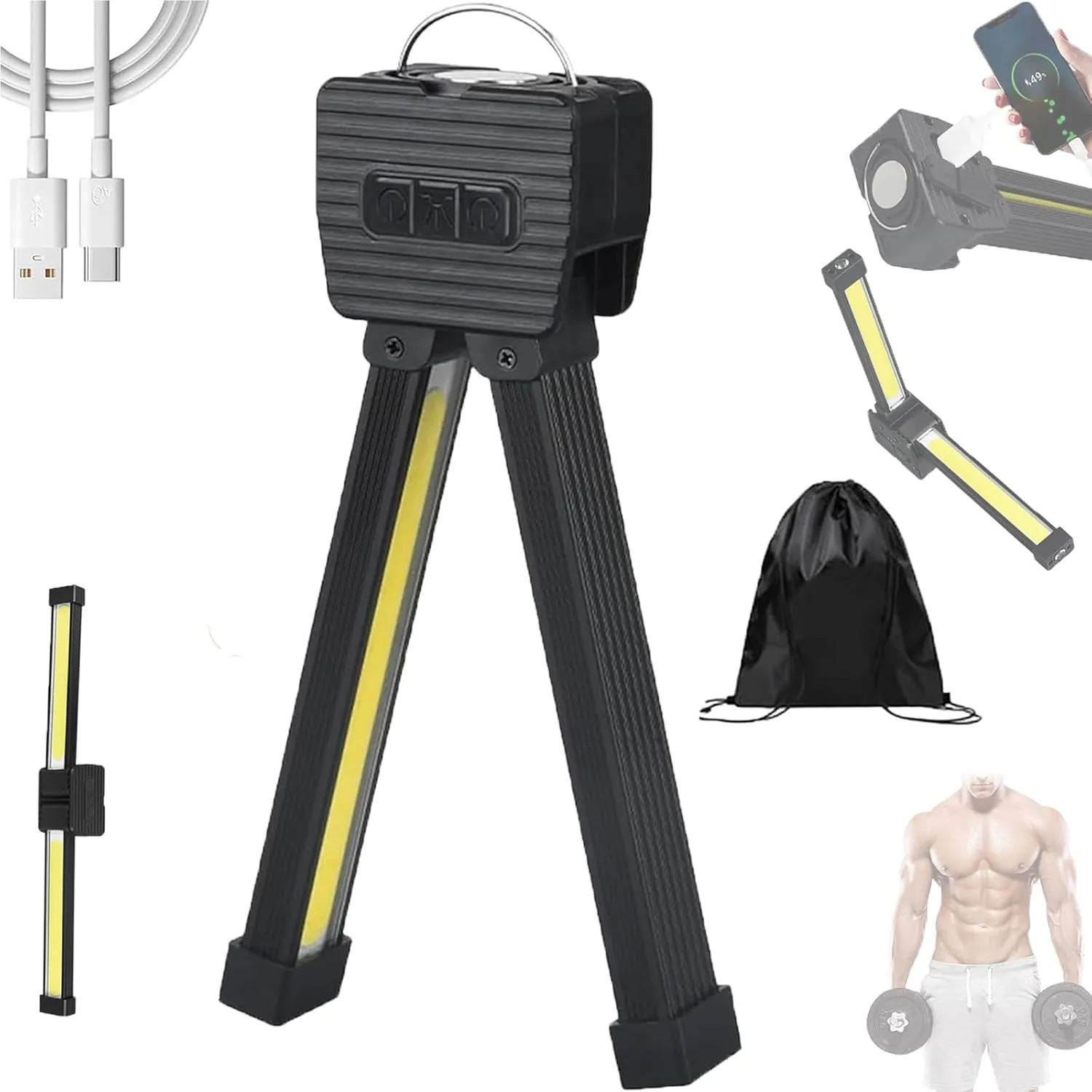 Gym Lamp for Posing, Portable Magnet LED Flashlight with Hanging Hook, Portable Gym Posing Lamp – 180° Adjustable Magnetic LED Light with 7-Level Dimming, 4 Modes, Power Bank Function
