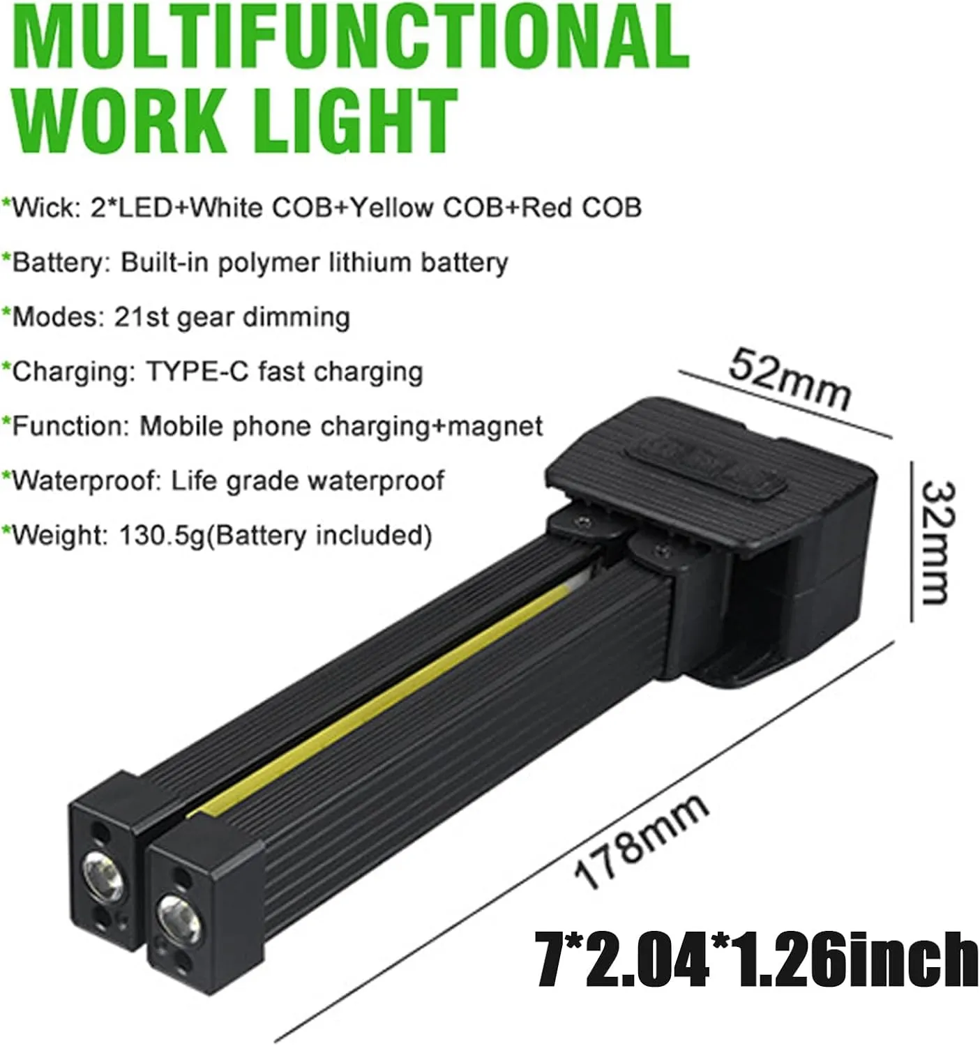 Gym Lamp for Posing,7th Gear Dimming,Portable Magnet LED Flashlight with Hanging Hook,Handheld USB Rechargeable Worklight,Magnetic Work Light with 180 Degree Folding,Power Bank Camping Light(2PCS)