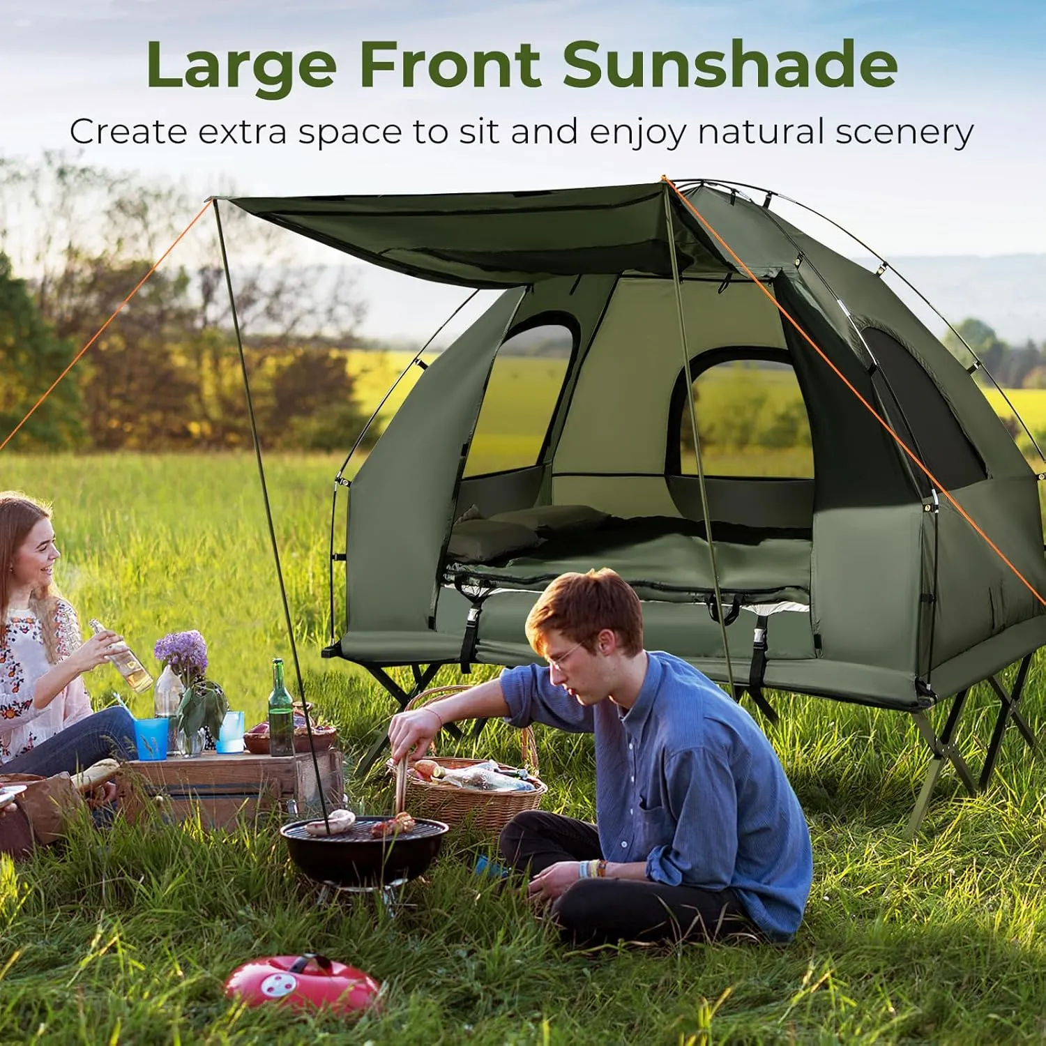 GYMAX Tent Cot, 5-in-1 Folding Camping Cot with Mattress & Pillows, Sleeping Bags, Sunshade, Camping Tent Elevated with Carrying Bag for Outdoor Hiking, Fishing, Picnic
