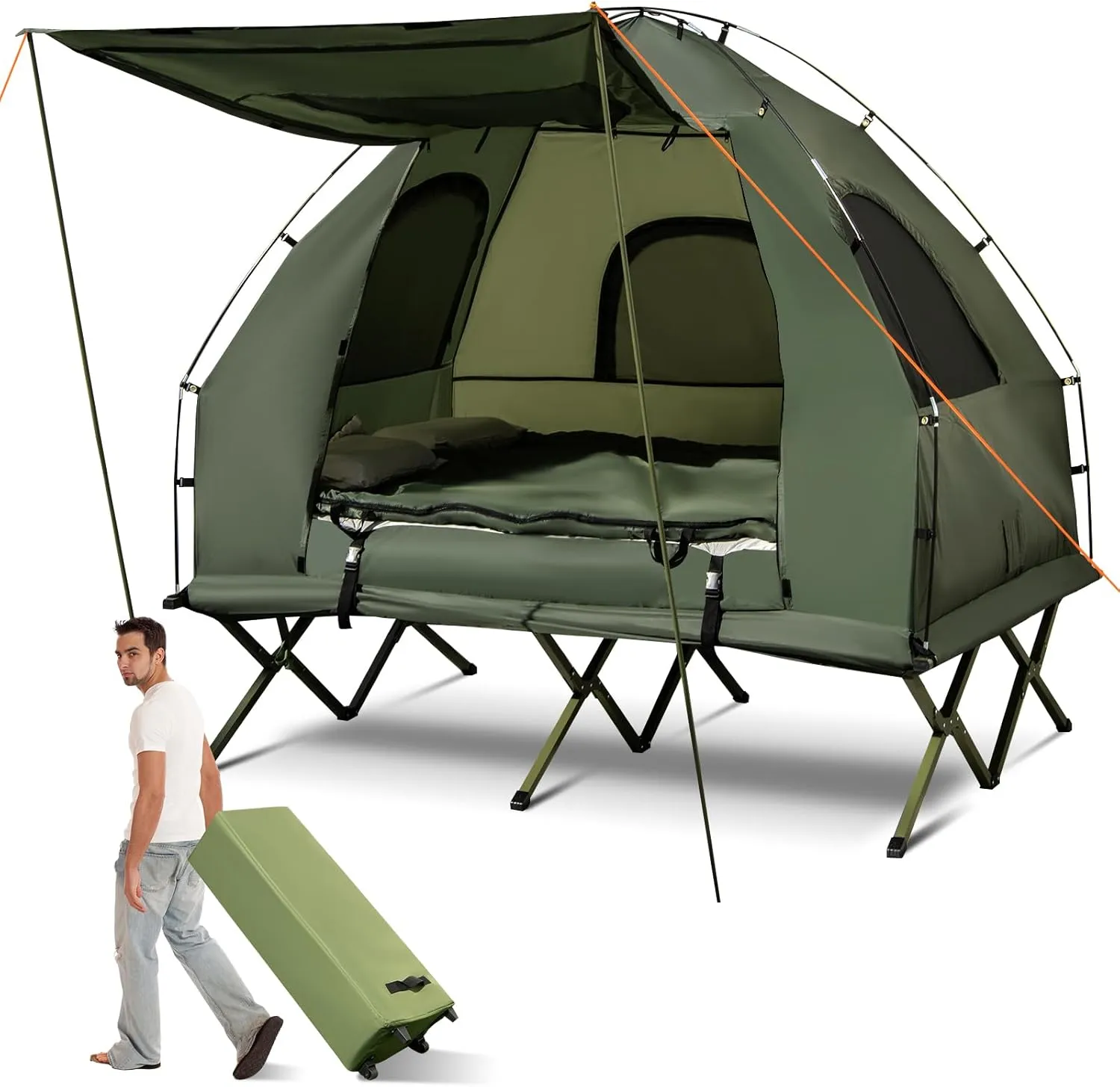 GYMAX Tent Cot, 5-in-1 Folding Camping Cot with Mattress & Pillows, Sleeping Bags, Sunshade, Camping Tent Elevated with Carrying Bag for Outdoor Hiking, Fishing, Picnic