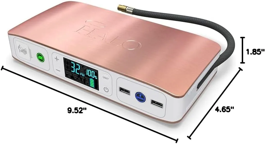 HALO Bolt Air 58830 Portable Car Battery Jump Starter | 100 PSI Air Compressor, 58.8Wh USB Power Bank, Emergency Floodlight & Charger, Jump Cars SUVs & Trucks, Inflate Tires, TSA Approved — Rose Gold