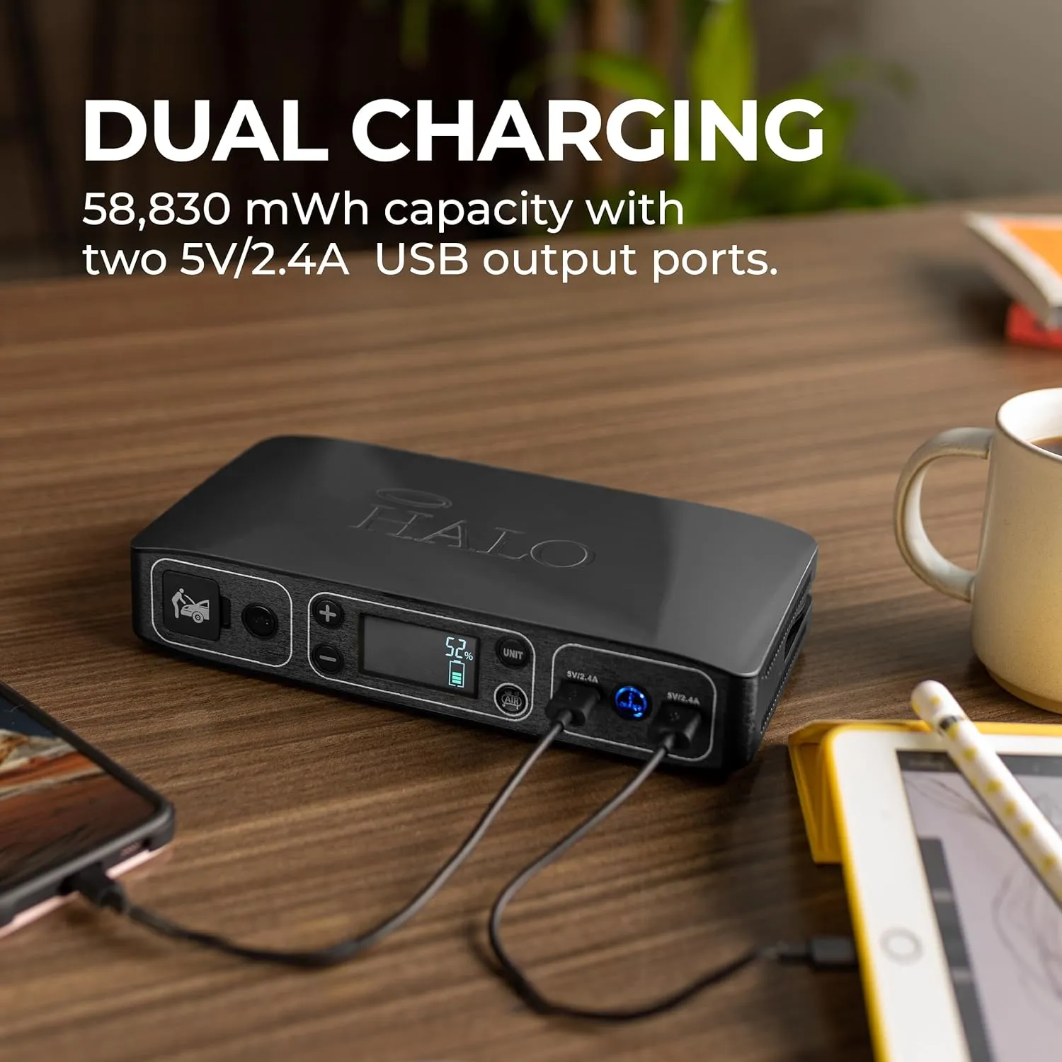 HALO Bolt Air 58830 Portable Car Battery Jump Starter | 100 PSI Air Compressor, 58.8Wh USB Power Bank, Emergency Floodlight & Charger, Jumps Cars SUVs & Trucks, Inflates Tires, TSA Approved — Blue