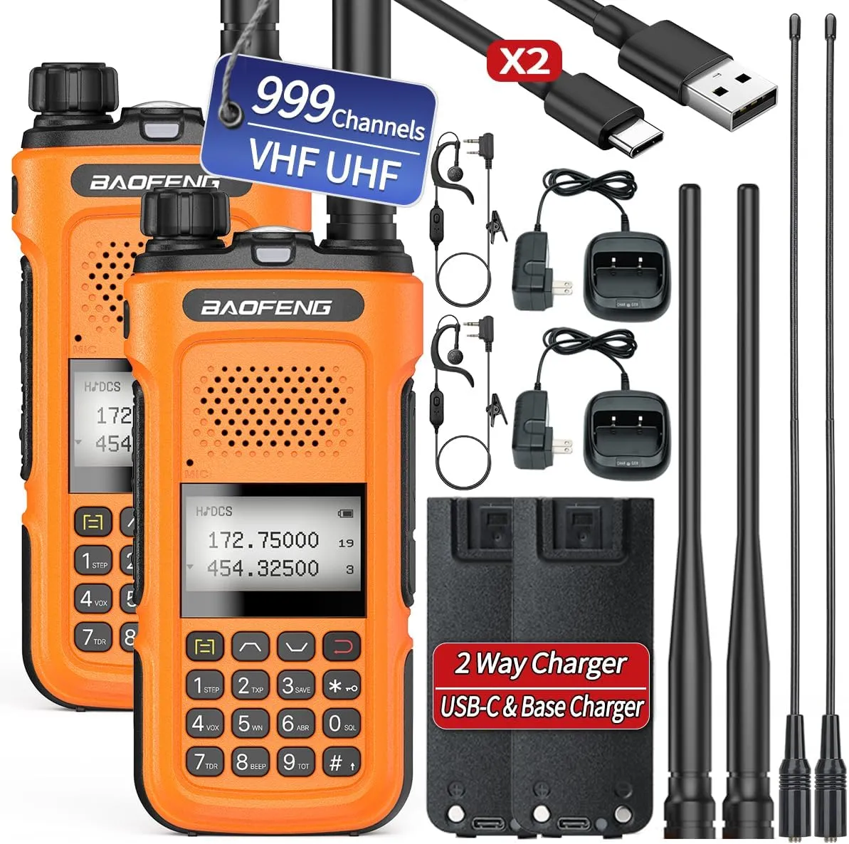 Ham Radio Handheld Long Range Walkie Talkies Two Way Radio UV-10R UV-10 PRO 999 Channels NOAA Weather Receiver One Key Frequency Copy USB-C Charger,High Gain Antenna Walkie Talkies,2 Pack