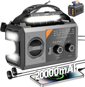 Hand Crank Emergency Radio - 20000mAh/74000mWh Solar Portable Weather Radio AM FM NOAA with 3 Mode Flashlight & Reading Lamp, Headphone Jack, Cell Phone Charger, SOS for Emergency, Grey