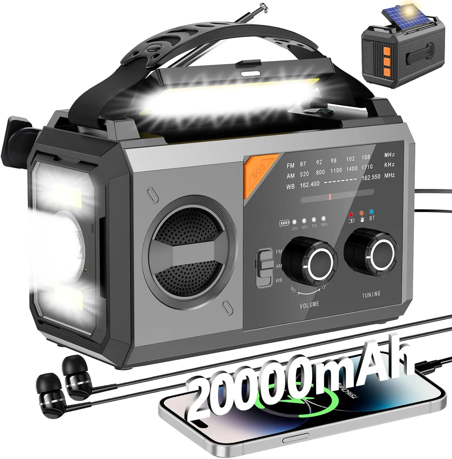 Hand Crank Emergency Radio - 20000mAh/74000mWh Solar Portable Weather Radio AM FM NOAA with 3 Mode Flashlight & Reading Lamp, Headphone Jack, Cell Phone Charger, SOS for Emergency, Grey