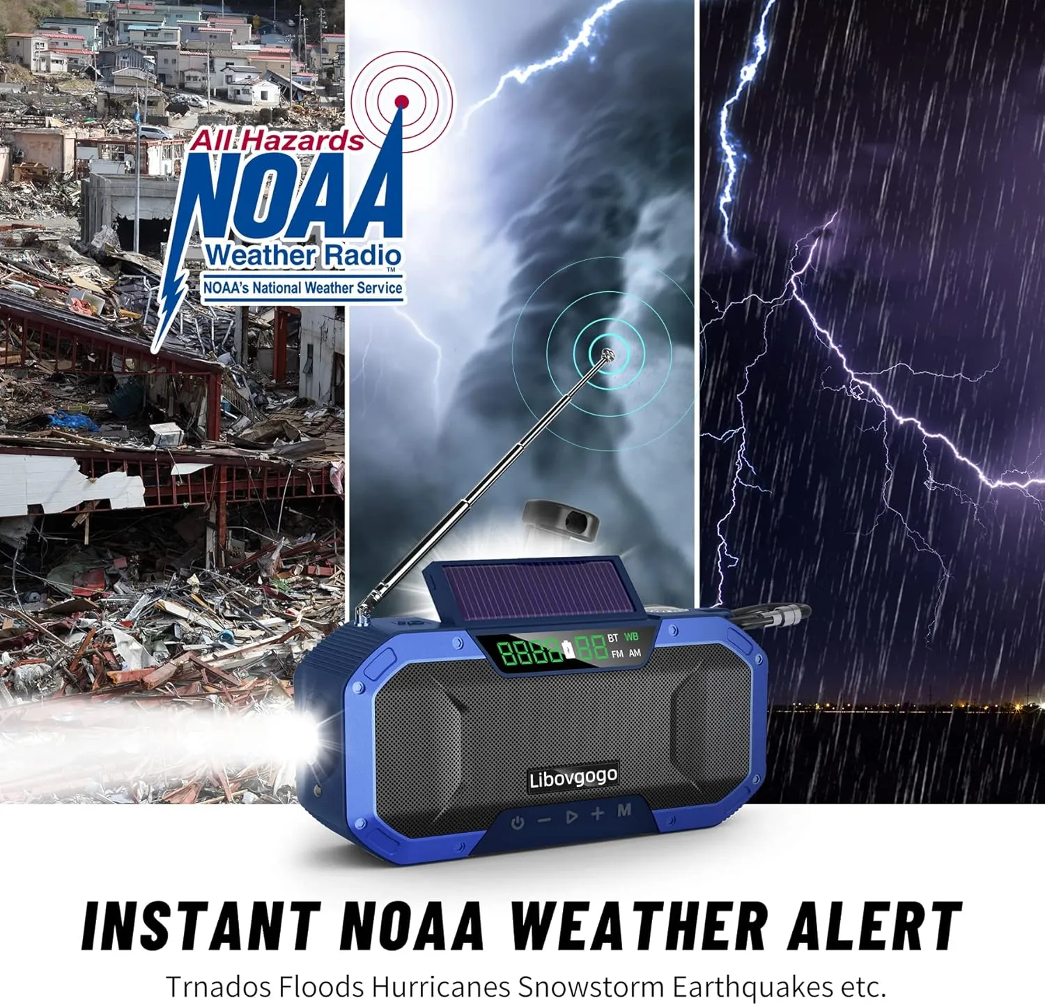 Hand Crank Emergency Radio with Solar Power Bluetooth Speaker,Portable Waterproof Digital AM FM NOAA Weather Radio with 5000mAH Flashlight Cell Phone Charger,Reading Lamp,Emergency Survival Kit