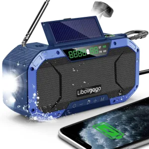 Hand Crank Emergency Radio with Solar Power Bluetooth Speaker,Portable Waterproof Digital AM FM NOAA Weather Radio with 5000mAH Flashlight Cell Phone Charger,Reading Lamp,Emergency Survival Kit