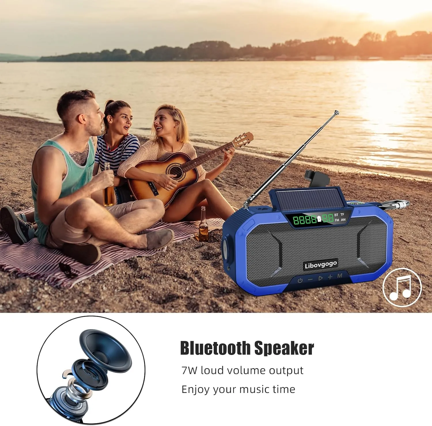 Hand Crank Emergency Radio with Solar Power Bluetooth Speaker,Portable Waterproof Digital AM FM NOAA Weather Radio with 5000mAH Flashlight Cell Phone Charger,Reading Lamp,Emergency Survival Kit