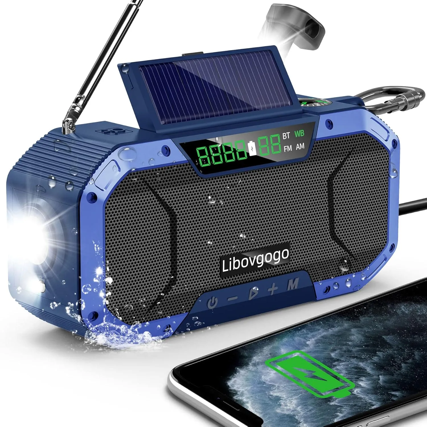 Hand Crank Emergency Radio with Solar Power Bluetooth Speaker,Portable Waterproof Digital AM FM NOAA Weather Radio with 5000mAH Flashlight Cell Phone Charger,Reading Lamp,Emergency Survival Kit