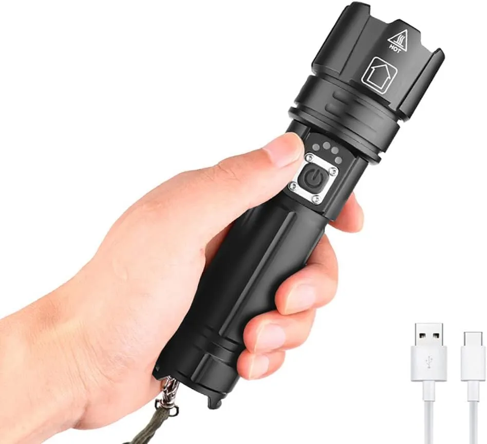 Handheld Flashlight 8000 Lumens, XHP70.2 LED Flashlight High Lumens USB Rechargeable Tactical Flashlight High Powered Flashlights Torch Zoomable 5 Modes with Power Display and USB Output