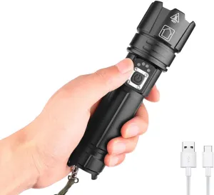 Handheld Flashlight 8000 Lumens, XHP70.2 LED Flashlight High Lumens USB Rechargeable Tactical Flashlight High Powered Flashlights Torch Zoomable 5 Modes with Power Display and USB Output