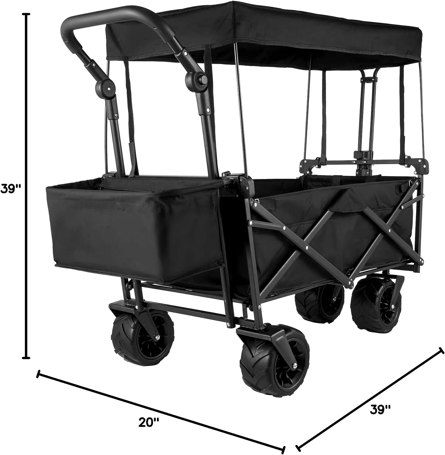 Happbuy Extra Large Collapsible Garden Cart with Removable Canopy, Folding Wagon Utility Carts with Wheels and Rear Storage, Wagon Cart for Garden, Camping, Grocery Cart, Shopping Cart, Black