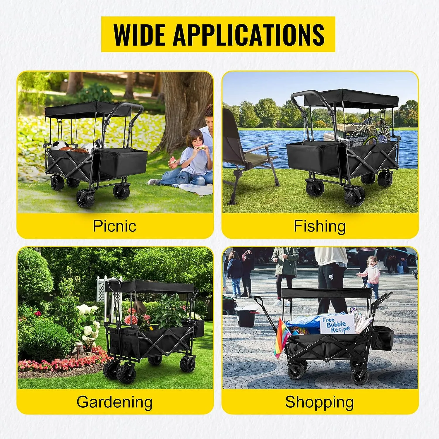 Happbuy Extra Large Collapsible Garden Cart with Removable Canopy, Folding Wagon Utility Carts with Wheels and Rear Storage, Wagon Cart for Garden, Camping, Grocery Cart, Shopping Cart, Black