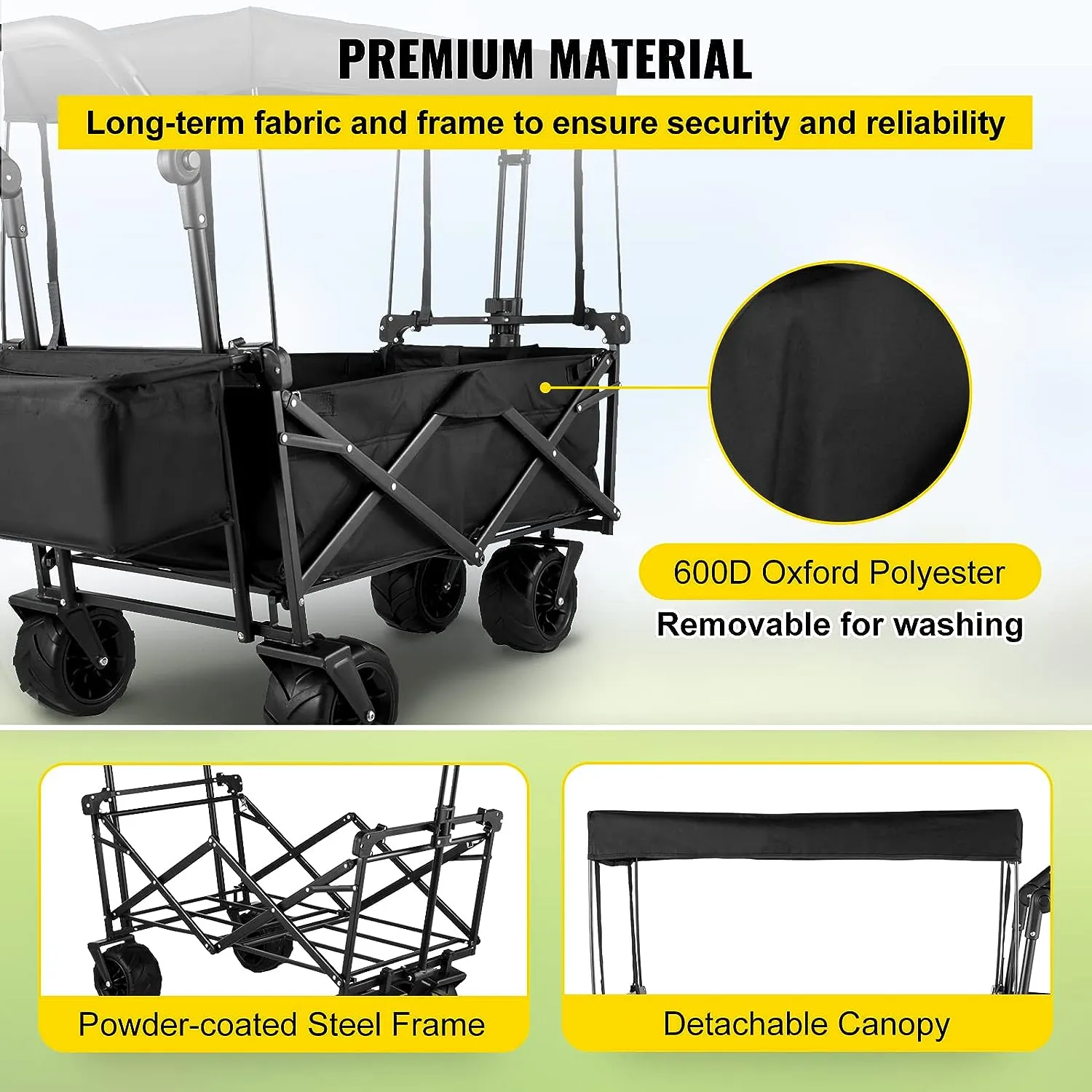Happbuy Extra Large Collapsible Garden Cart with Removable Canopy, Folding Wagon Utility Carts with Wheels and Rear Storage, Wagon Cart for Garden, Camping, Grocery Cart, Shopping Cart, Black
