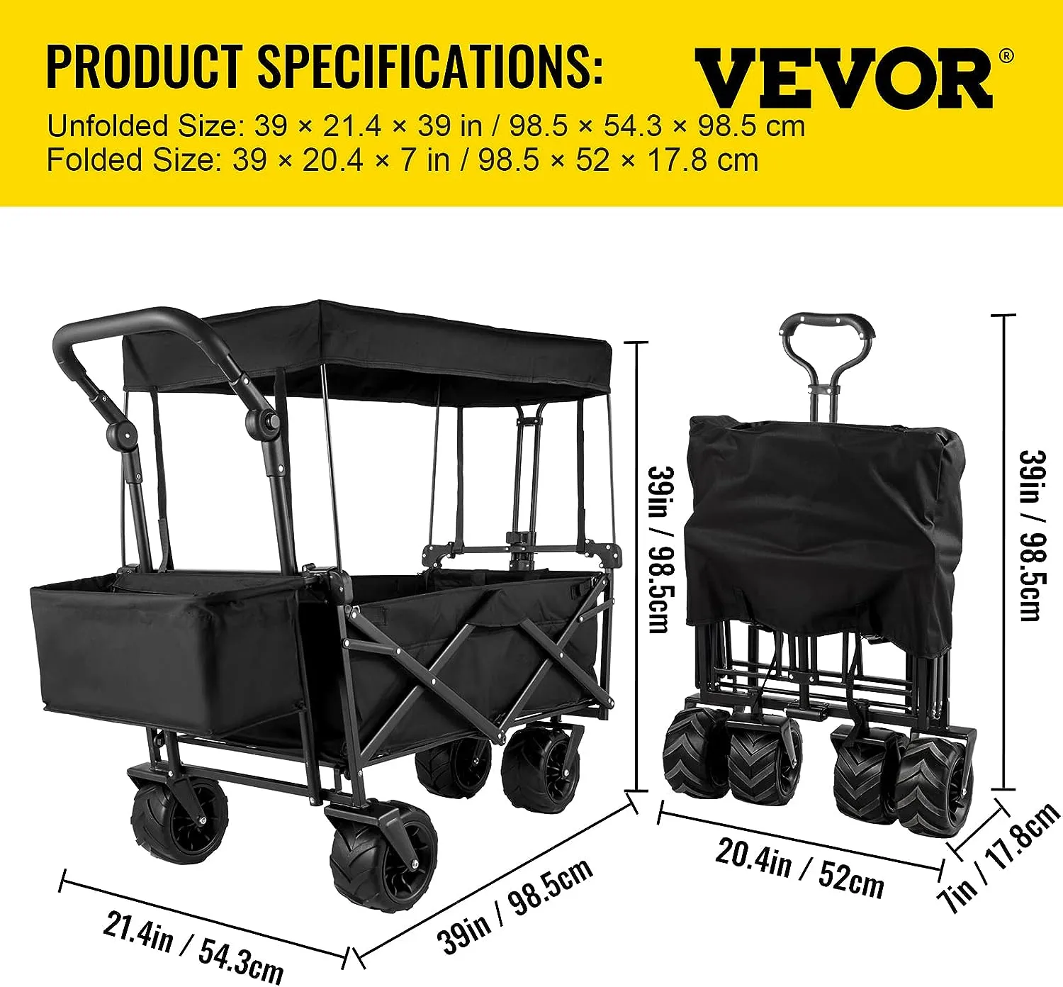 Happbuy Extra Large Collapsible Garden Cart with Removable Canopy, Folding Wagon Utility Carts with Wheels and Rear Storage, Wagon Cart for Garden, Camping, Grocery Cart, Shopping Cart, Black