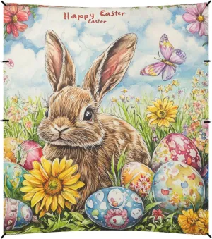 Happy Easter Rabbit Carrots Bowknot Daisy Egg Foldable Beach Tent UPF50 Water-Resistant Large Portable Sun Shelter with Sturdy Poles, Sandbags and Shovel for Camping, Picnics, Backyard &