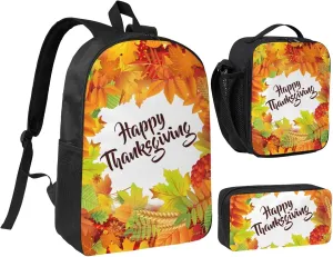 Happy Thanksgiving Foliage 3-Piece Backpack Set – Lightweight backpack, Insulated Lunch Bag & Pencil Case, Durable Oxford for Travel/Work