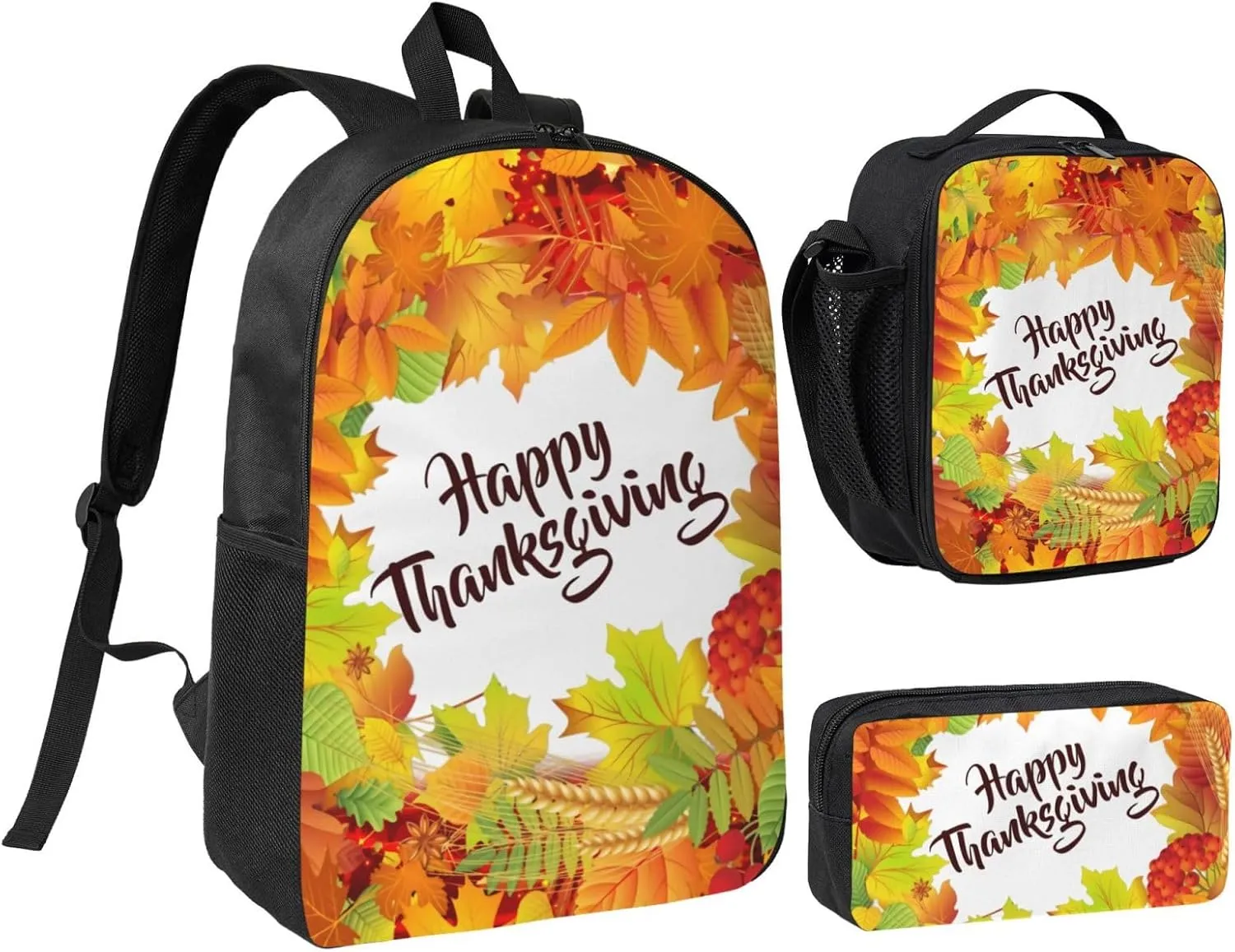 Happy Thanksgiving Foliage 3-Piece Backpack Set – Lightweight backpack, Insulated Lunch Bag & Pencil Case, Durable Oxford for Travel/Work