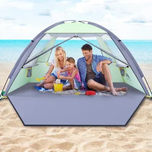 Happy Travel Beach Tent Sun Shelter for 3/4/5/6/7/8 Person, Portable UPF 50  UV Protection Beach Shade Canopy for Family & Baby, Lightweight & Easy Setup Beach Cabana with 3 Ventilation Mesh Windows