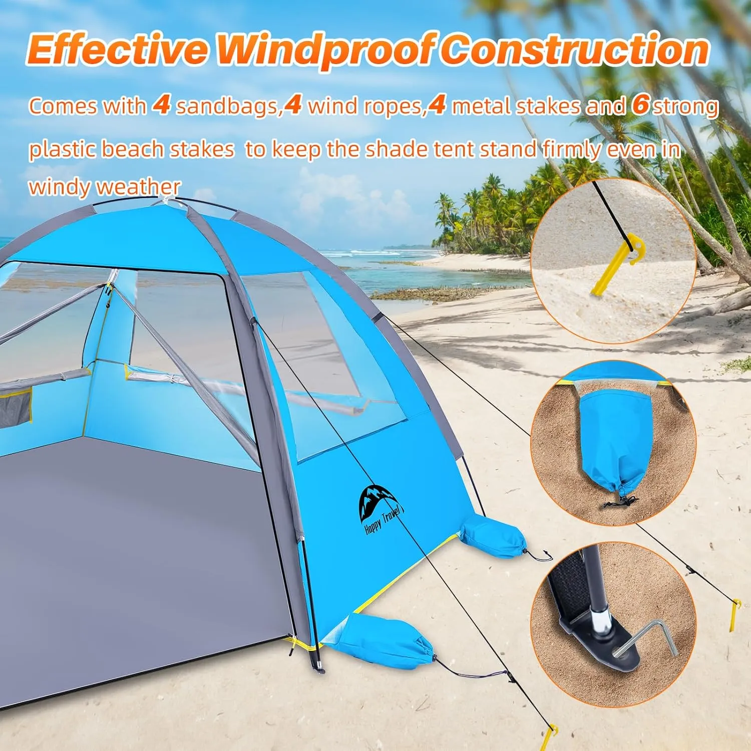 Happy Travel Beach Tent, UPF 50  UV Protection Sun Shade Shelter for 3/4/5/6/7/8 Person, Portable Beach Canopy for Family & Baby, Lightweight & Easy Setup Beach Cabana with 3 Ventilation Mesh Windows