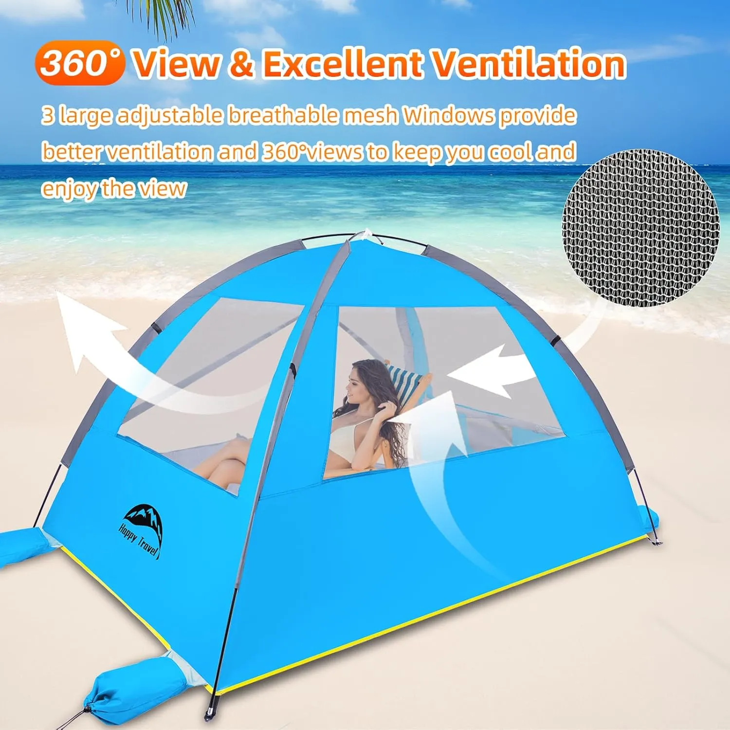 Happy Travel Beach Tent, UPF 50  UV Protection Sun Shade Shelter for 3/4/5/6/7/8 Person, Portable Beach Canopy for Family & Baby, Lightweight & Easy Setup Beach Cabana with 3 Ventilation Mesh Windows