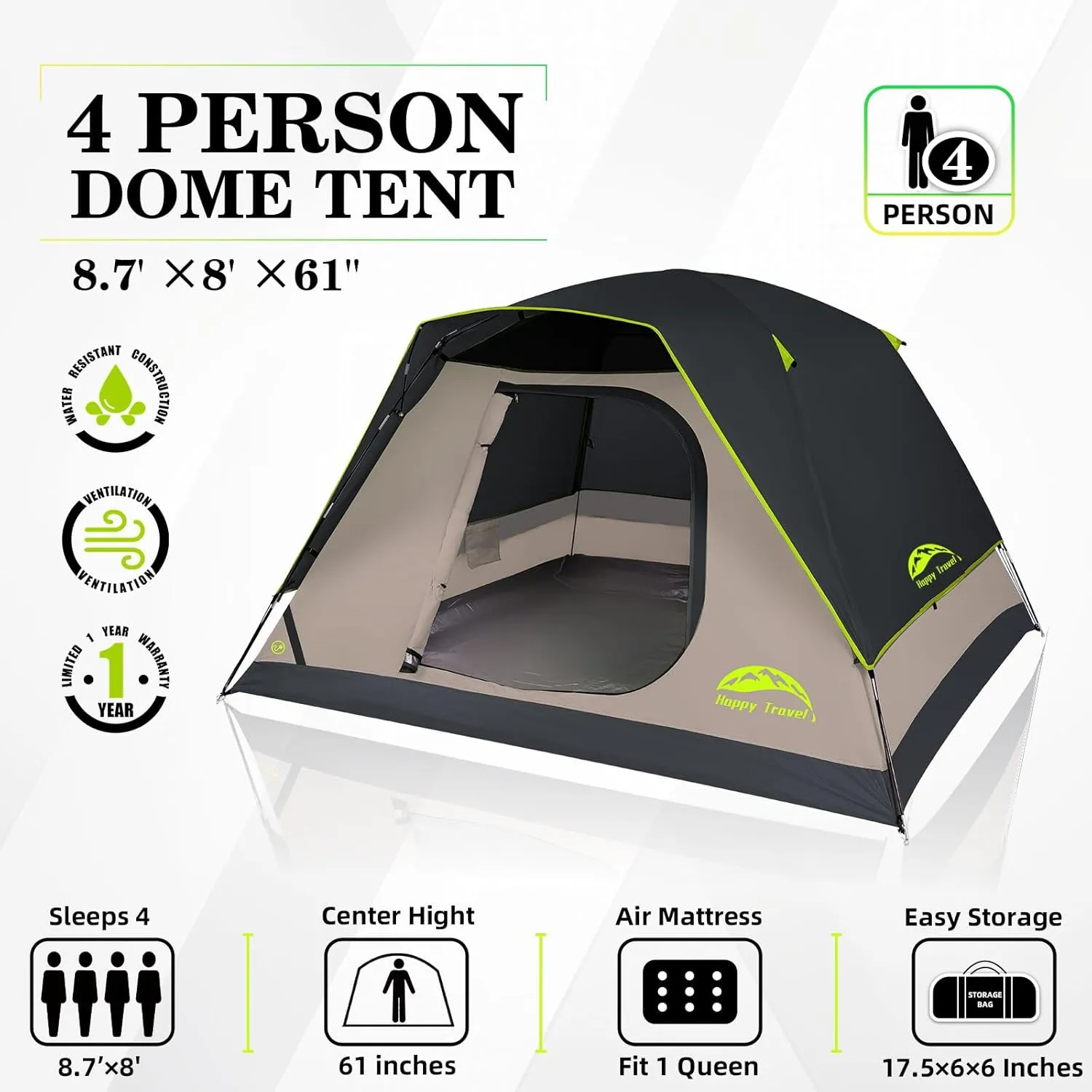 Happy Travel Camping Tent, 4 Person Dome Tents for Camping with Rainfly, Waterproof Clip Easy Setup Portable Family Tent with Mesh Windows, 20% More Headroom Backpacking Tents for Camping & Hiking
