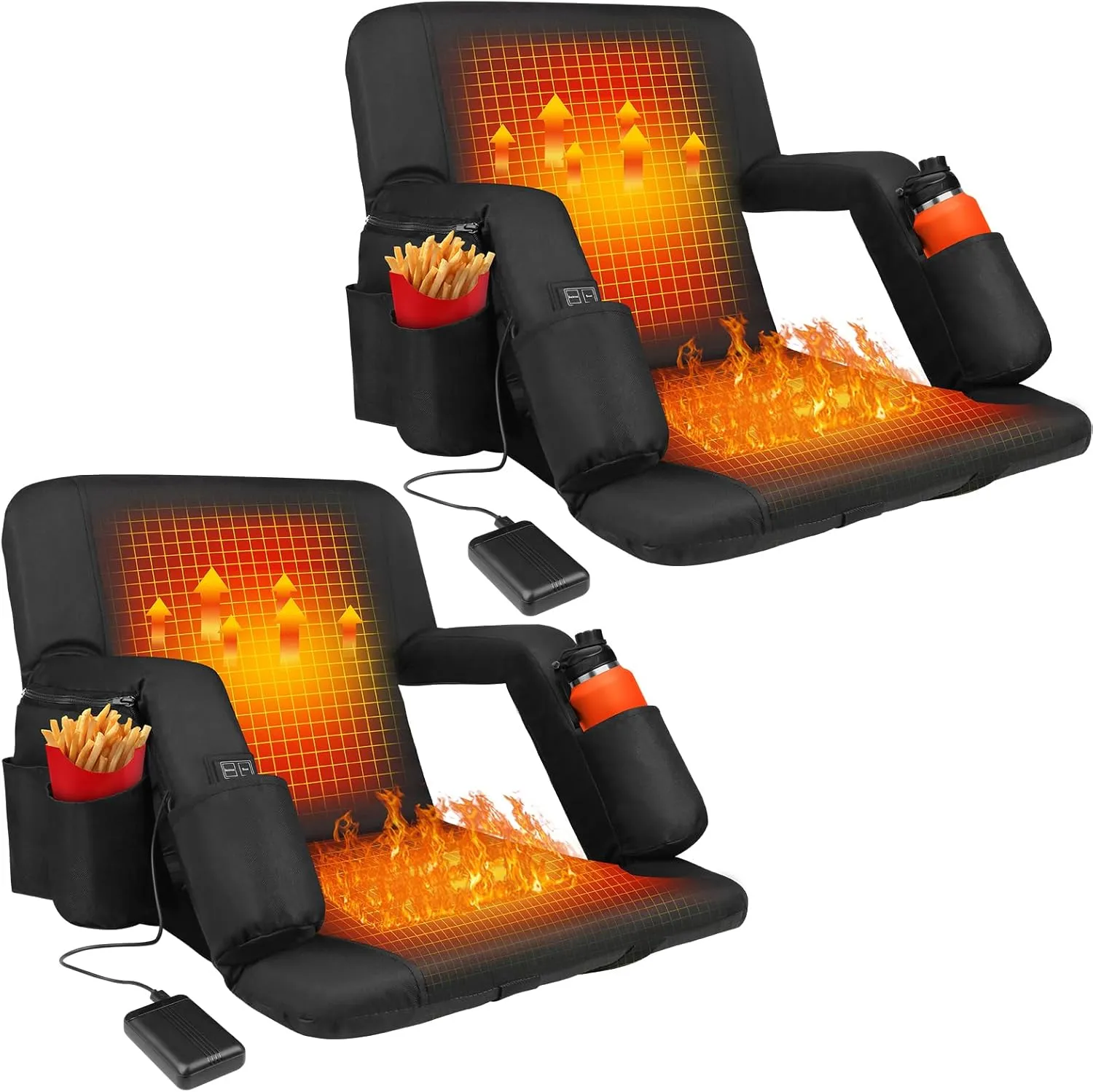 Heated Stadium Seats for Bleachers with Battery, Heated Stadium Seats with Back Support, Heated Bleacher Seat with Backrest 6 Reclinng Positions and 3 Levels of Heat 20" 2PC Black