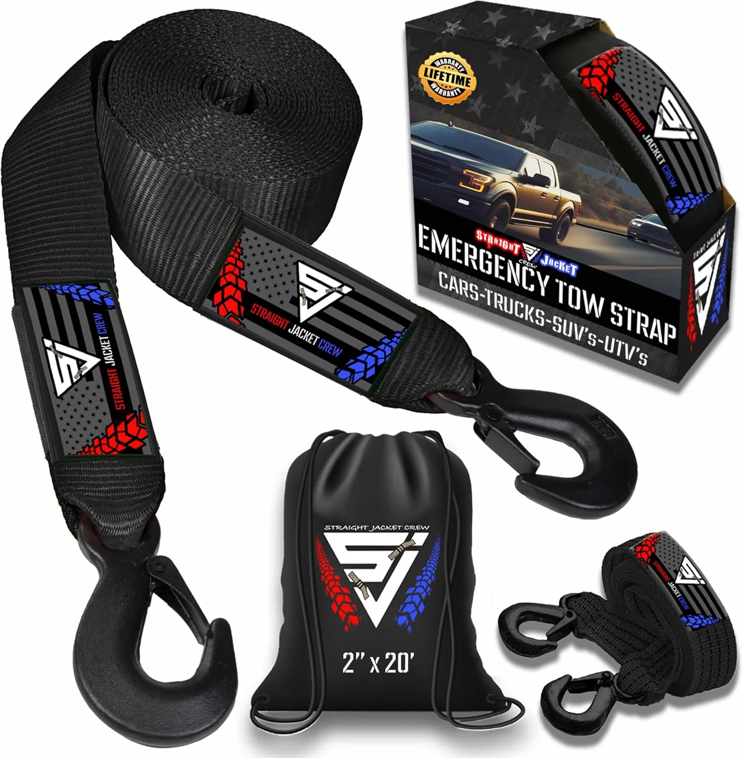 Heavy Duty 2-in x 20-ft Tow Strap with Forged Steel Hooks | 10,000 lb Break Strength & 3,333 lb Load Limit | Sturdy Supplies for Vehicle Towing | On-Road Use Only