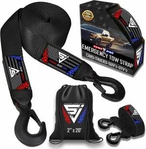 Heavy Duty 2-in x 20-ft Tow Strap with Forged Steel Hooks | 10,000 lb Break Strength & 3,333 lb Load Limit | Sturdy Supplies for Vehicle Towing | On-Road Use Only