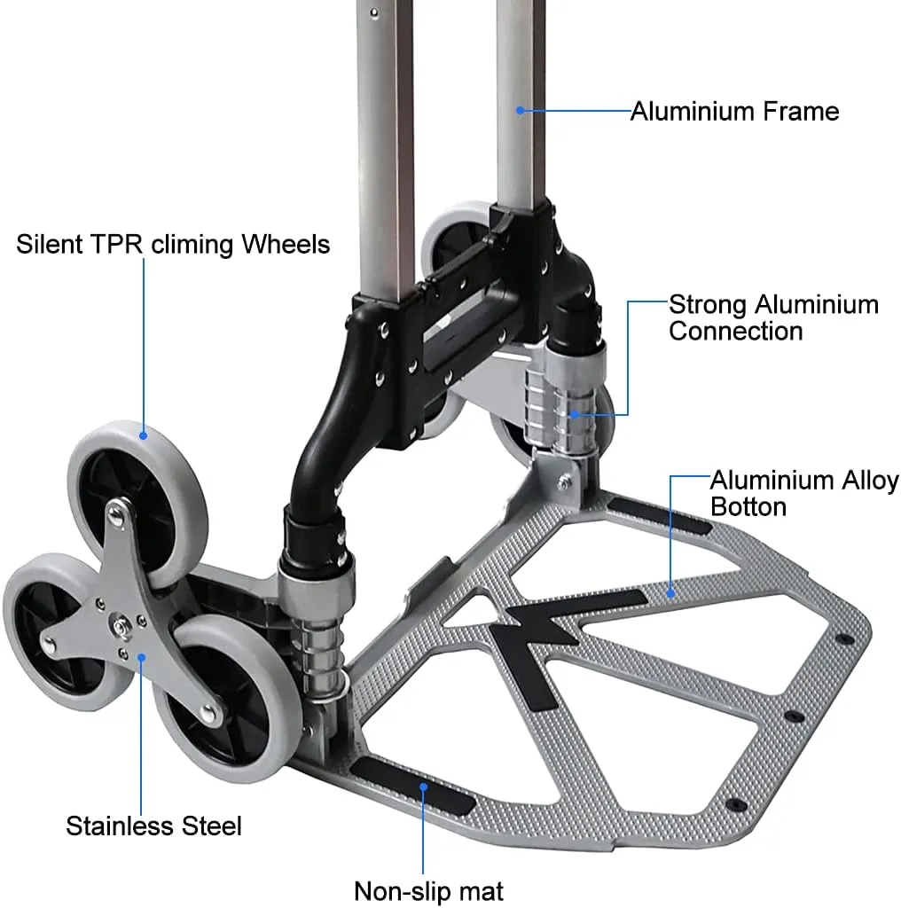 Heavy Duty 6-Wheel Stair Climbing Cart - 300lb Capacity Folding Hand Truck, All-Terrain Aluminum Trolley w/Adjustable Handle - Perfect for Groceries, Deliveries, Apartments