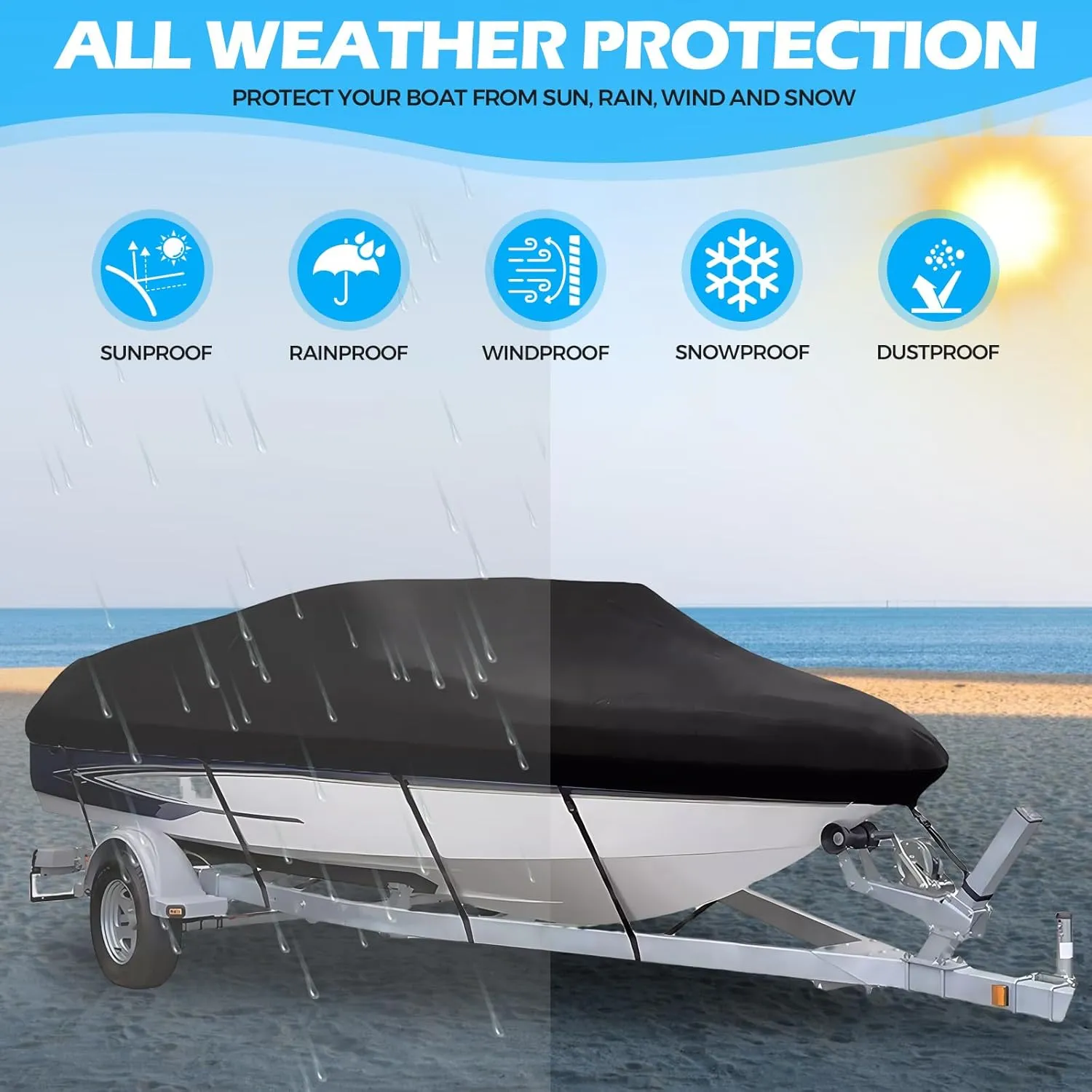Heavy Duty 600D Canvas Boat Cover for 17-19 ft Bass Boats | Waterproof UV-Resistant V-Hull Runabout & Bowrider Cover | Fits Outboard Motors | Universal Fit Fishing Boat Protection