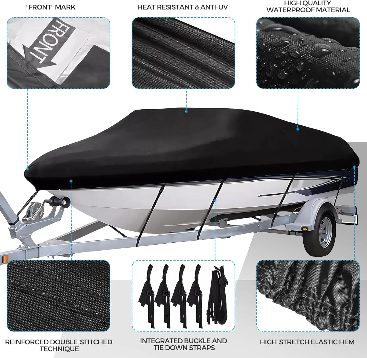 Heavy Duty 600D Canvas Boat Cover for 17-19 ft Bass Boats | Waterproof UV-Resistant V-Hull Runabout & Bowrider Cover | Fits Outboard Motors | Universal Fit Fishing Boat Protection