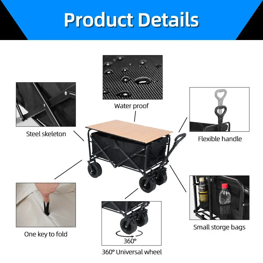 Heavy Duty Folding Utility Wagon - 500LB Capacity Collapsible Beach Cart for Camping, Garden & Outdoor Use
