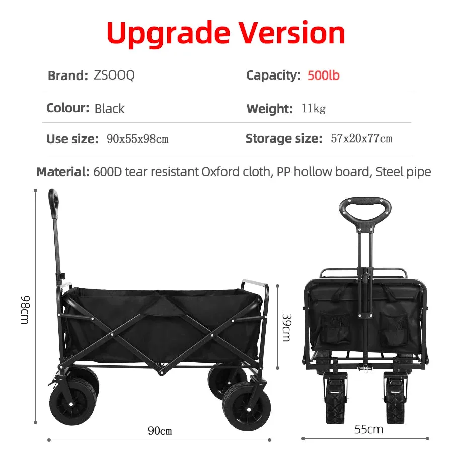 Heavy Duty Folding Utility Wagon - 500LB Capacity Collapsible Beach Cart for Camping, Garden & Outdoor Use