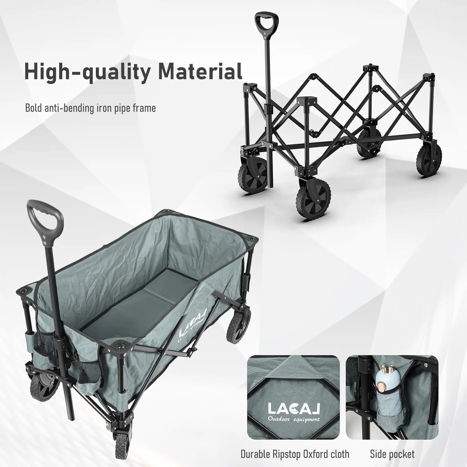 Heavy Duty Folding Wagon, Portable Cart with All Terrain Narrow Wheels for Outdoor, Garden, Picnic, Beach, Sports, Camping (Gray)