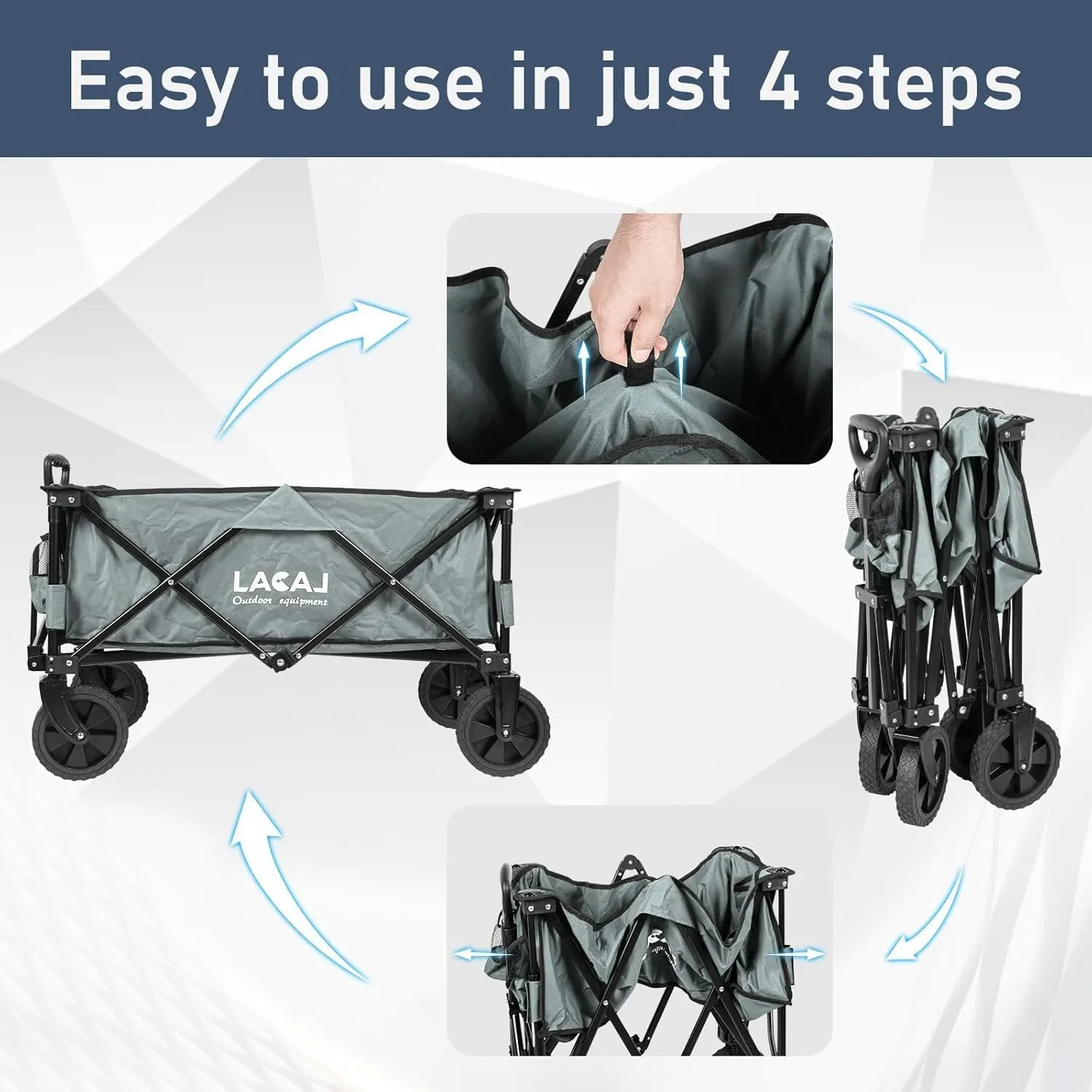 Heavy Duty Folding Wagon, Portable Cart with All Terrain Narrow Wheels for Outdoor, Garden, Picnic, Beach, Sports, Camping (Gray)