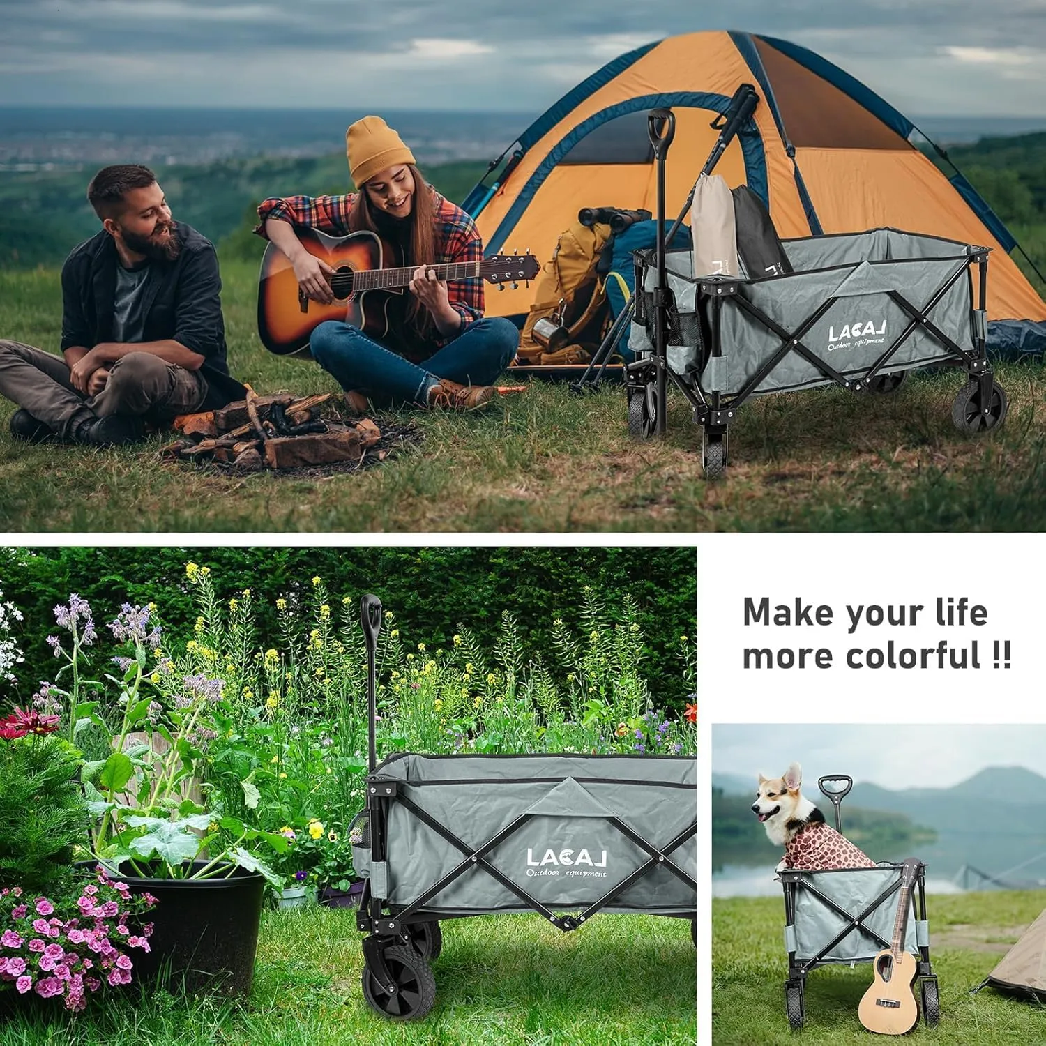 Heavy Duty Folding Wagon, Portable Cart with All Terrain Narrow Wheels for Outdoor, Garden, Picnic, Beach, Sports, Camping (Gray)