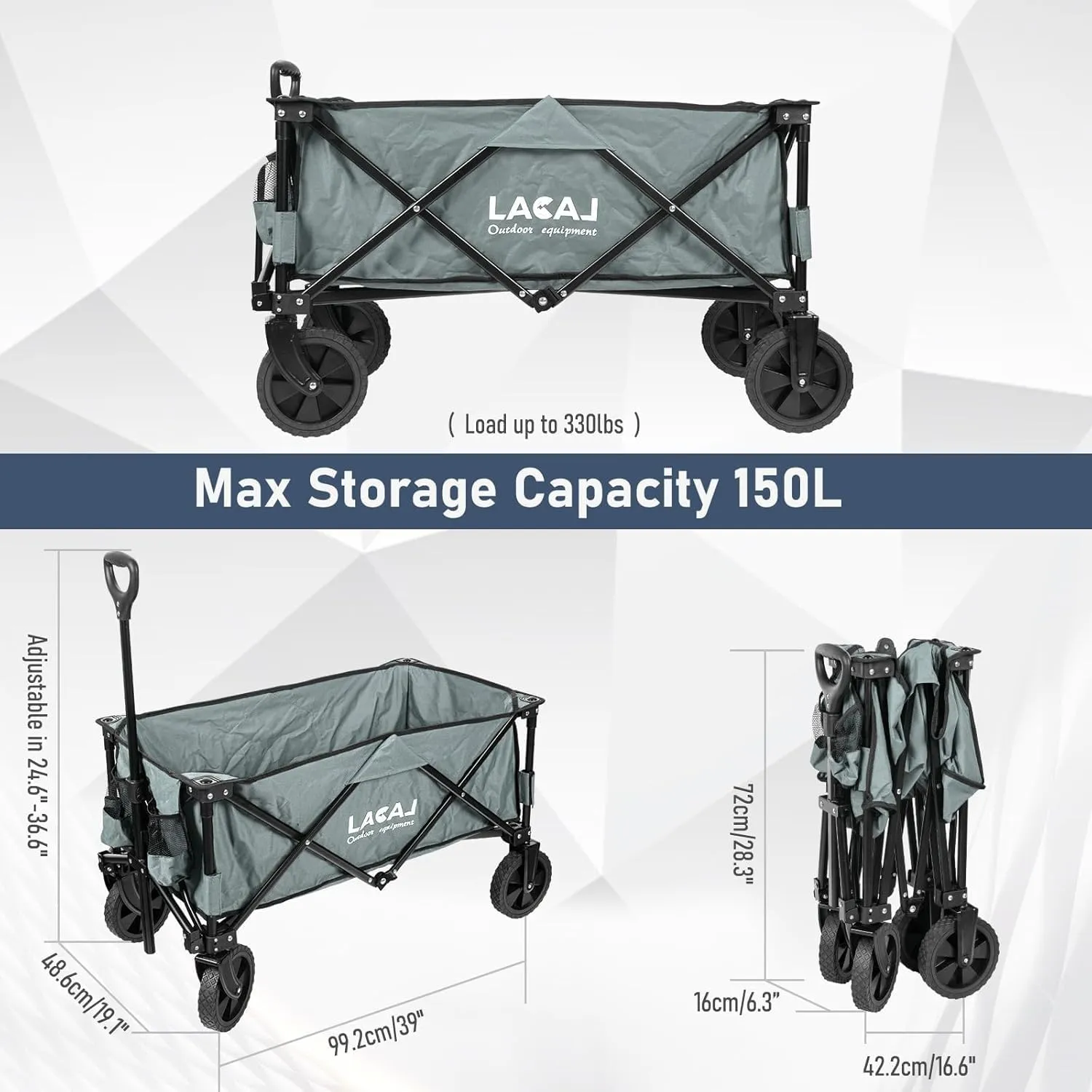 Heavy Duty Folding Wagon, Portable Cart with All Terrain Narrow Wheels for Outdoor, Garden, Picnic, Beach, Sports, Camping (Gray)