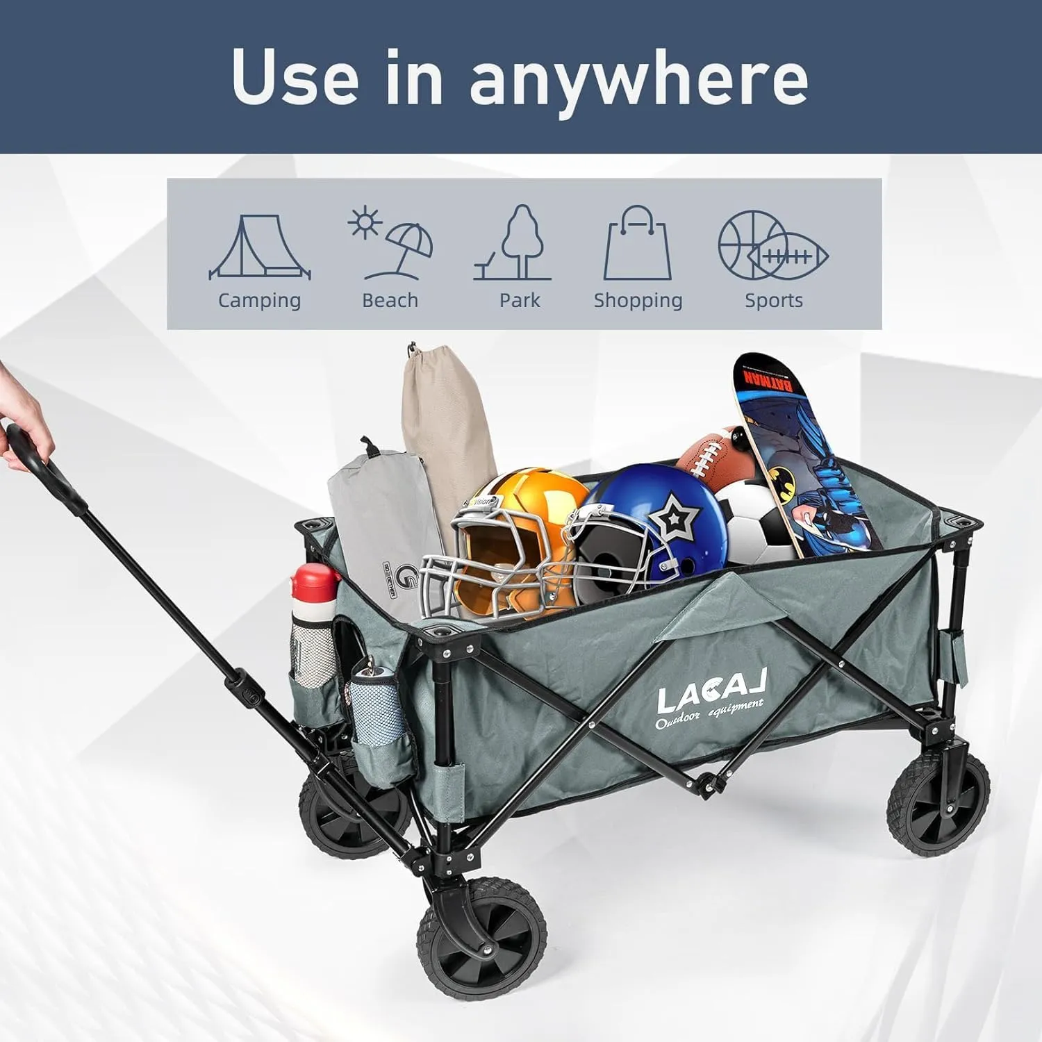 Heavy Duty Folding Wagon, Portable Cart with All Terrain Narrow Wheels for Outdoor, Garden, Picnic, Beach, Sports, Camping (Gray)