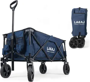 Heavy Duty Folding Wagon, Portable Foldable Cart with All Terrain Narrow Wheels for Outdoor, Garden, Picnic, Beach, Sports, Camping (Blue)