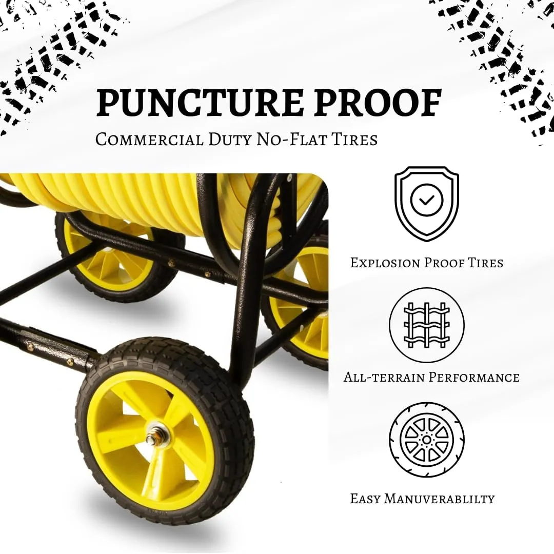 Heavy Duty Hose Reel Cart, Commercial Hose Reel with Wheels, Outdoor Water Hose Cart for Backyard, Farm & Ranch, or Contractor Use, Metal Hose Carts (4-Wheel, 400ft Capacity)