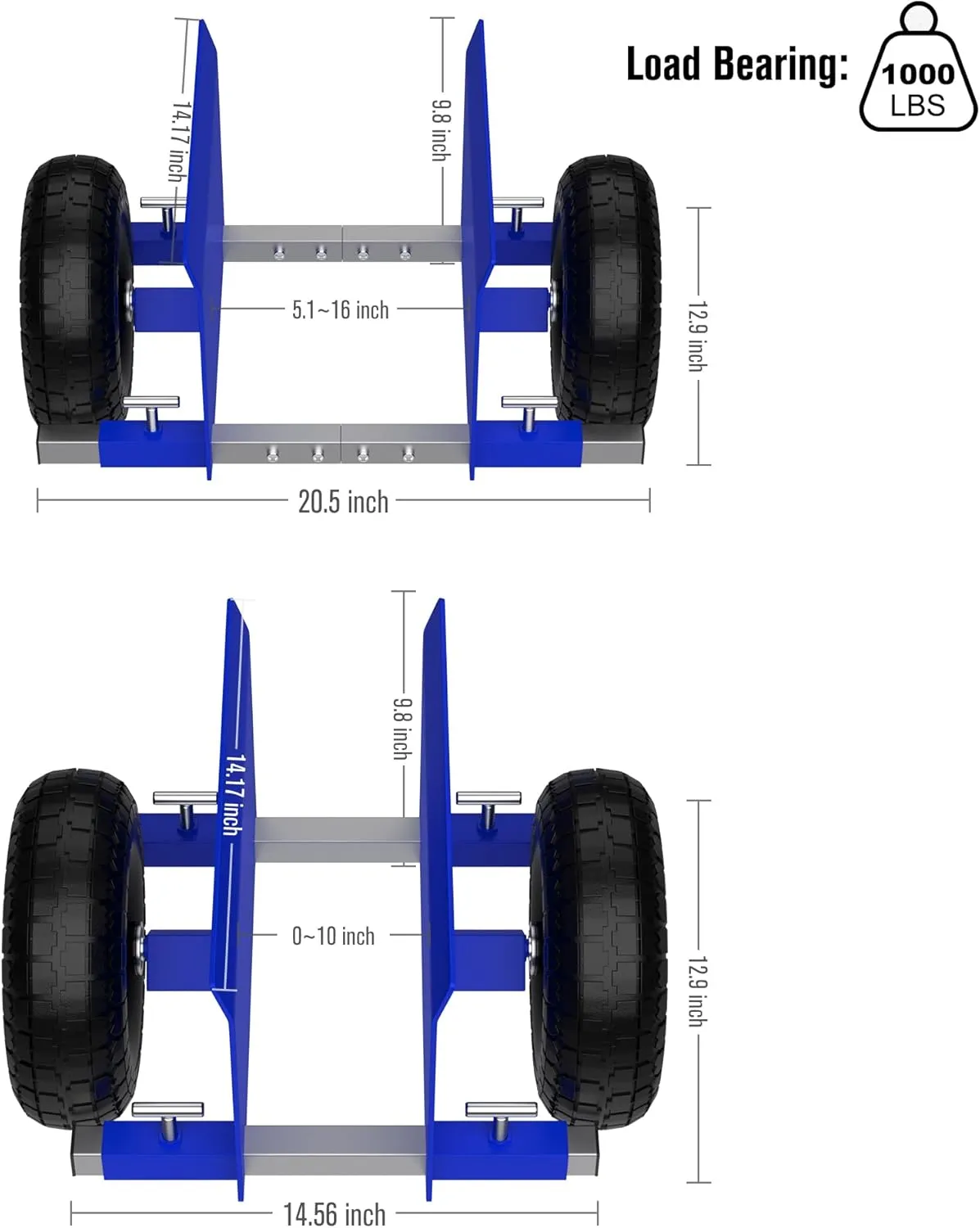 Heavy Duty Panel Dolly Slab Door Dollys with 2 10in Solid Rubber Tires Wheels, 1000LBS Load Bearing for Drywall Sheet Heavy Material Handling All Terrain Moving Cart Adjustable Panel Dolly - Blue
