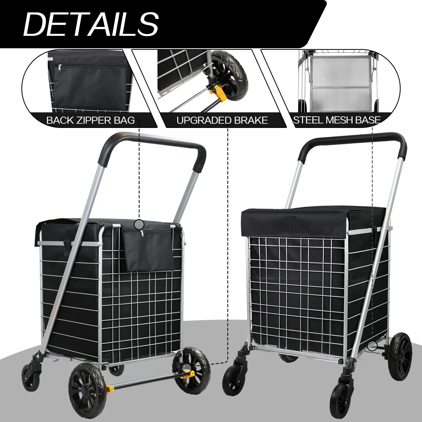 Heavy Duty Shopping Trolley Utility Foldable Large Grocery Cart with Waterproof Liner