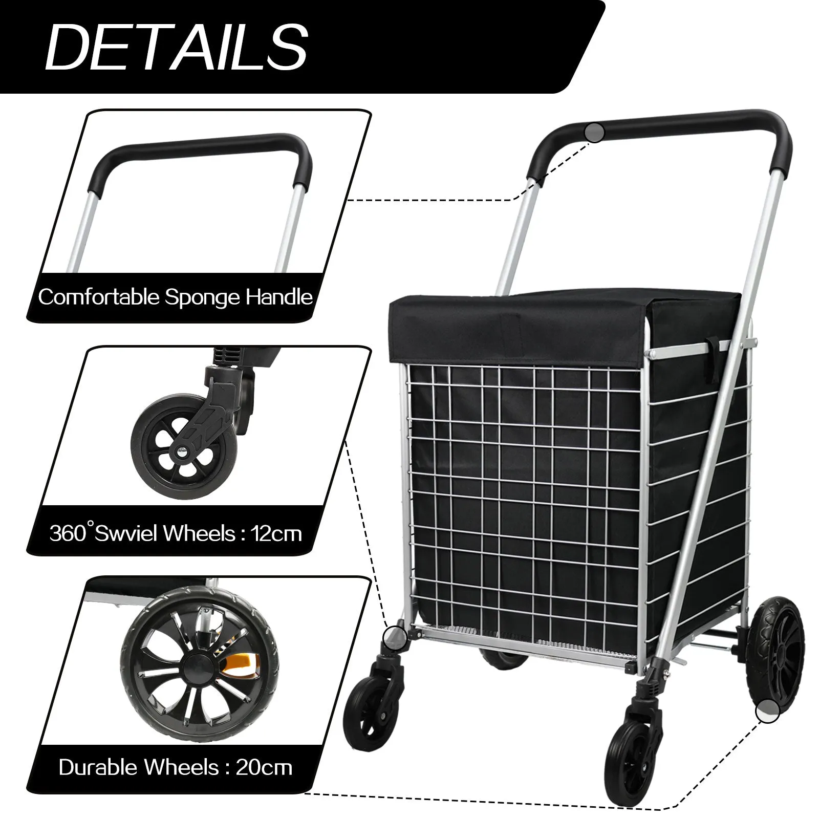 Heavy Duty Shopping Trolley Utility Foldable Large Grocery Cart with Waterproof Liner